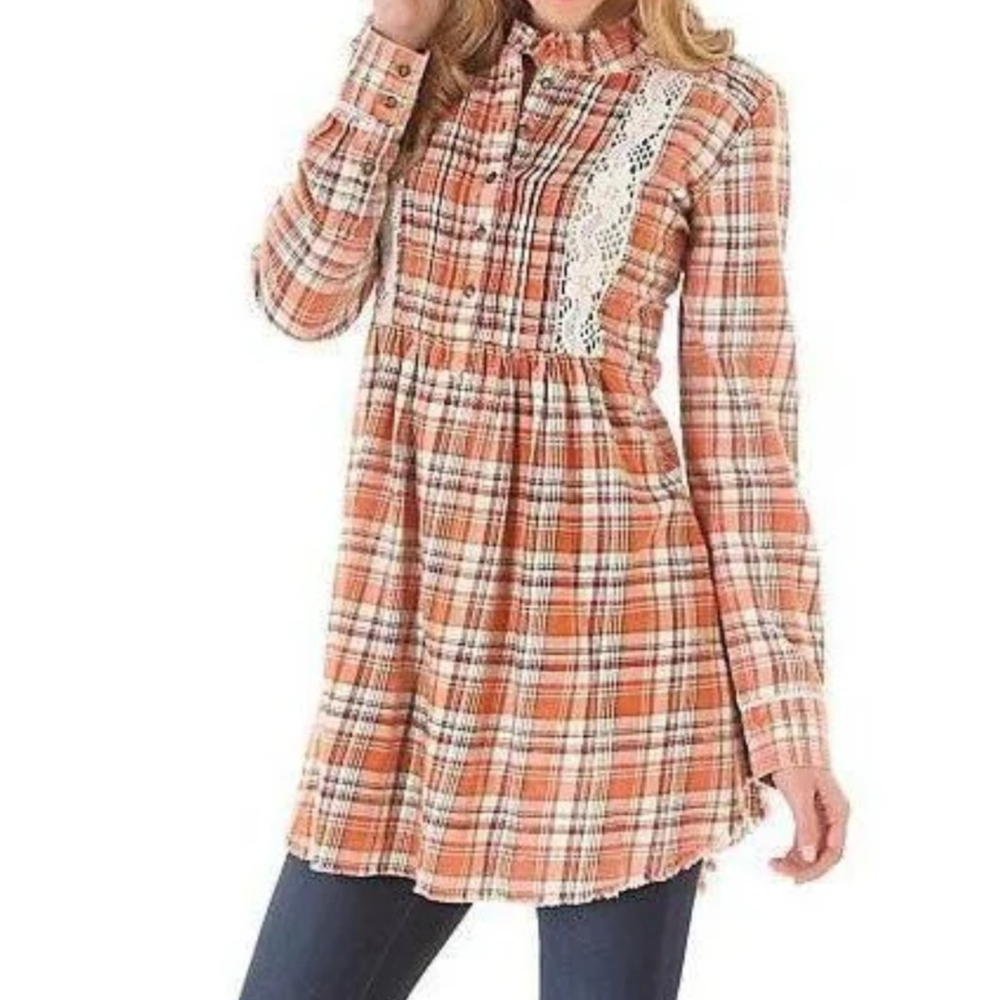 Wrangler Womens Plaid Long Sleeve Tunic Pleated With Raw Hem Details